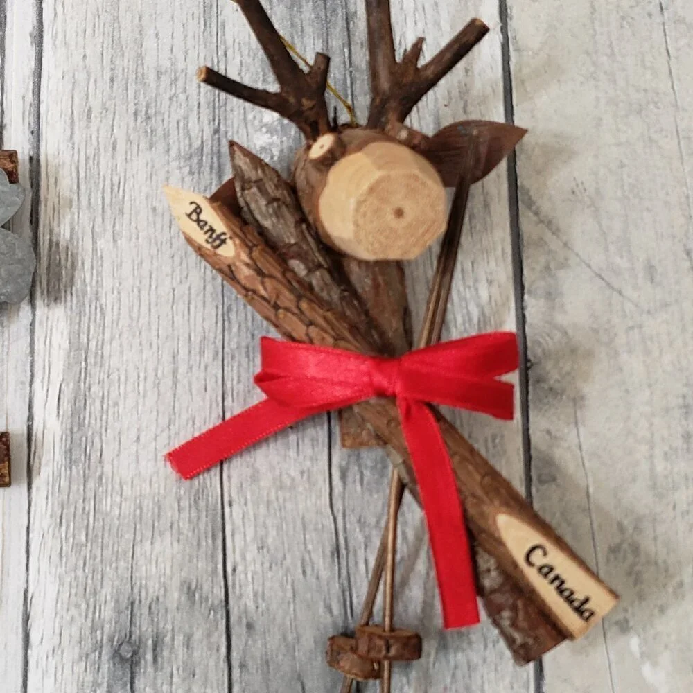 Wood and Metal Happy Holiday Moose and Deer Christmas Ornaments